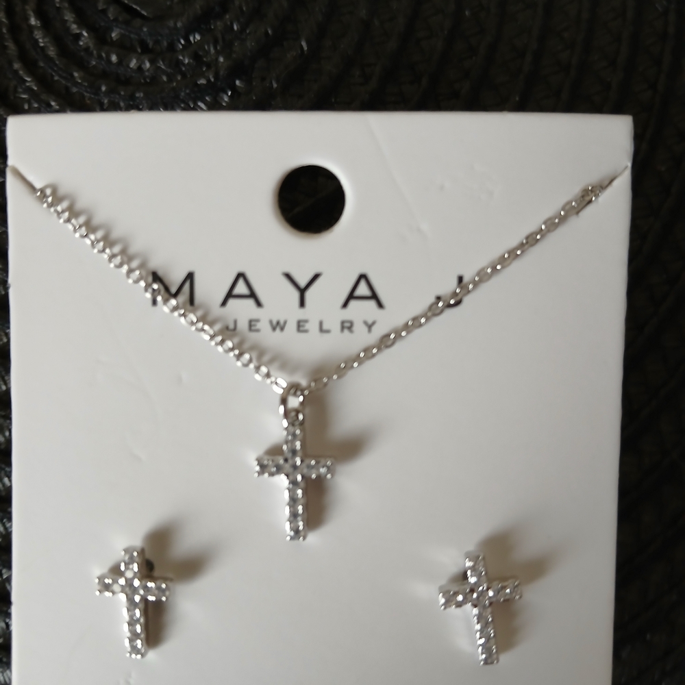 Maya Rhodium Plated & Swarovski Crystal  Cross Necklace Set
